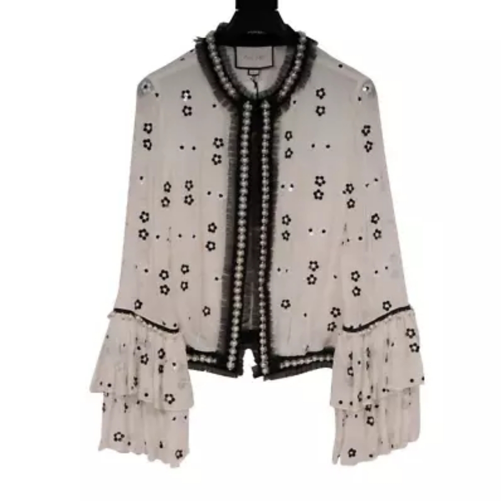 ALEXIS Silk Elegant White and Black Pearl Beaded Blouse